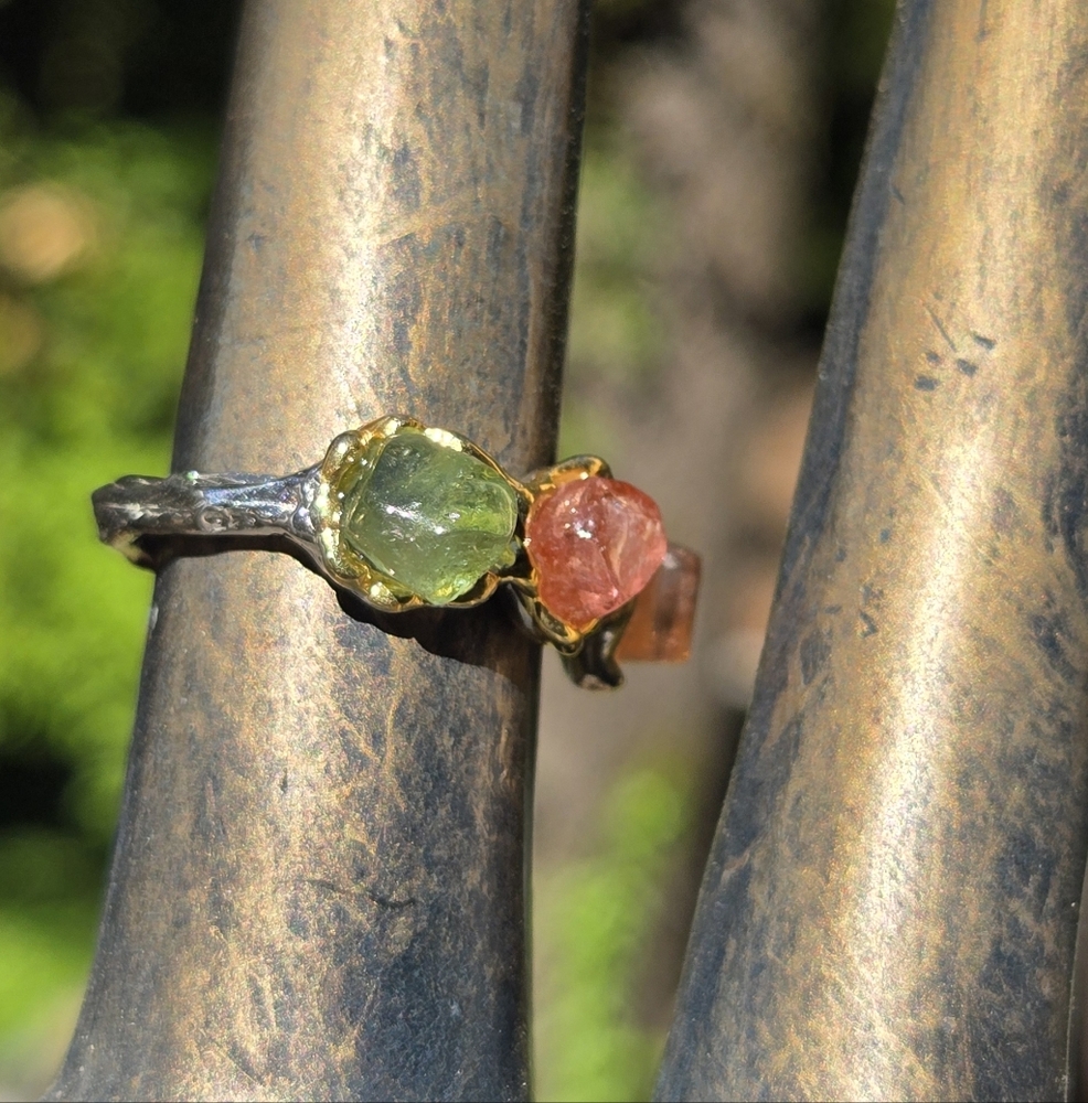 Tourmaline Natural Tri-color Gemstone Sterling & Gold Ring Sz7 - Picture 5 of 8
